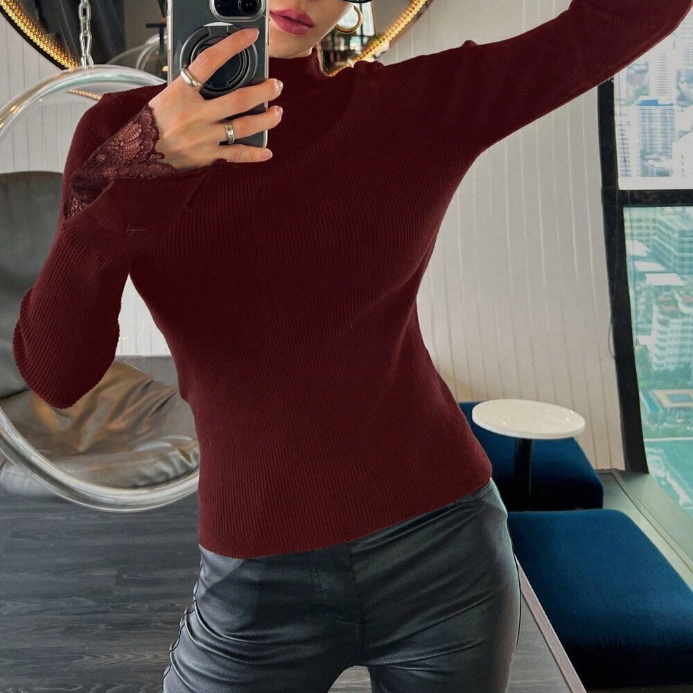Burgundy Casual Women's Long Sleeve Christmas Lace Sweater